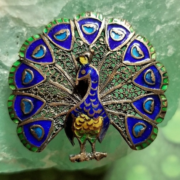 Vintage Jewelry - Vintage enamel peacock brooch bird pin Portugal